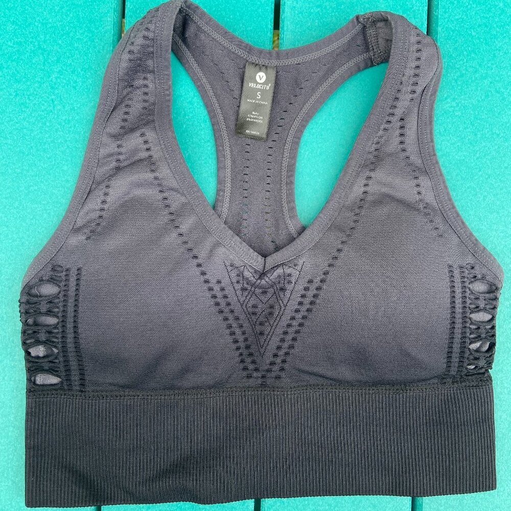 NWOT Velocity padded sports bra. Firm support, size Small. Dark grey ombre color